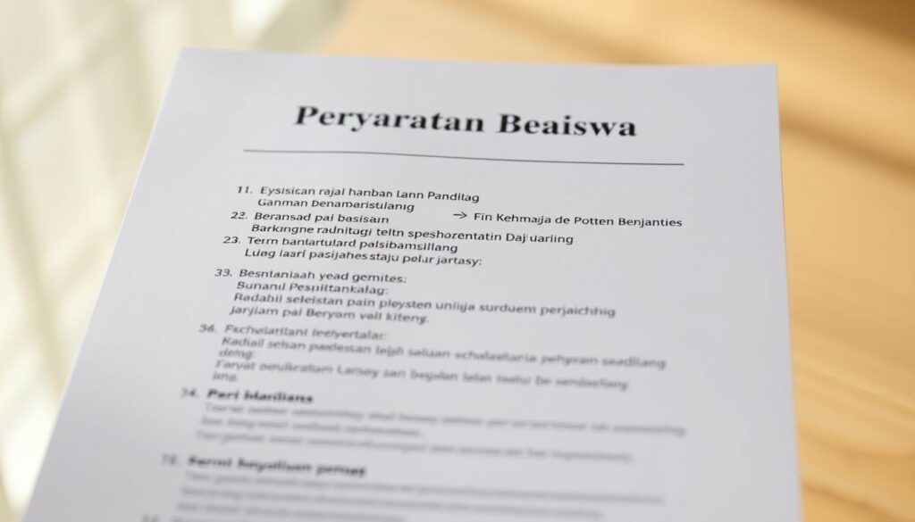 A crisp, clean-cut document with a prominent header titled "Persyaratan Beasiswa" against a softly blurred background. The document features a neatly organized list of requirements, each item presented in a clear, readable font. The lighting is warm and natural, casting a gentle glow across the page. The camera angle is slightly elevated, giving a sense of authority and importance to the subject matter. The overall atmosphere conveys a tone of professionalism and attention to detail, befitting the gravity of the topic of student scholarships.