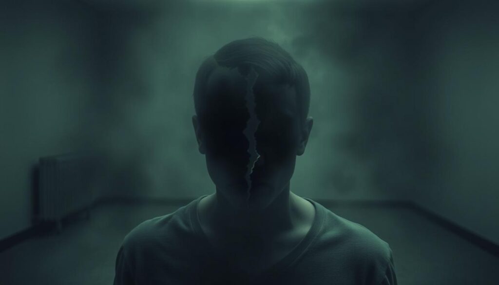 A distressed individual, their face shrouded in a hazy, muted color palette, symbolizing the psychological turmoil of divorce. In the middle ground, a fractured relationship, represented by a broken heart, casting a somber shadow over the scene. The background depicts a dimly lit, empty room, conveying a sense of loneliness and isolation. Soft, desaturated lighting creates an introspective, melancholic atmosphere, mirroring the emotional weight of the subject matter. The overall composition evokes a sense of sorrow, grief, and the profound psychological impact of the breakdown of a marriage.