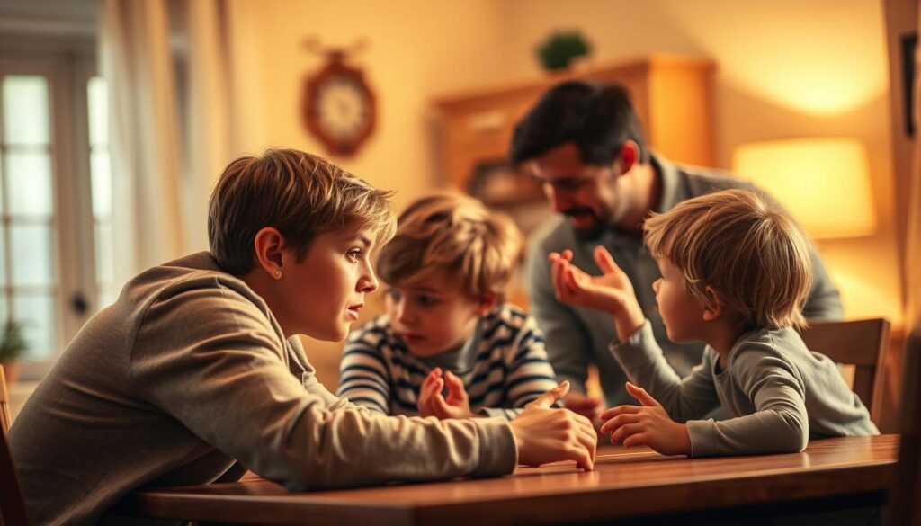 A family gathered around a table, engaged in thoughtful discussion. Warm lighting casts a cozy glow, fostering an atmosphere of open and honest communication. In the foreground, a parent leans in, making eye contact with their child, their body language conveying empathy and attentiveness. The middle ground features the other family members, some nodding, others gesturing animatedly, all participating actively. The background softly blurs, keeping the focus on the central interaction. The scene exudes a sense of trust, respect, and a genuine desire to understand one another - the essence of effective communication.