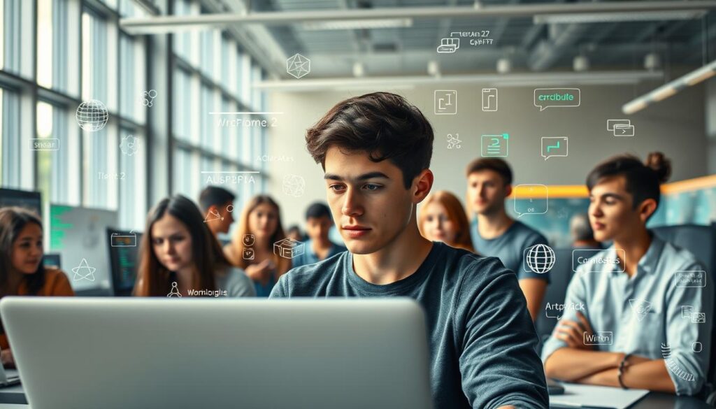A group of young students gathered in a modern, well-equipped computer lab, contemplating their choices for a programming career. The foreground features a central figure, a thoughtful student gazing at a laptop screen, surrounded by peers engaged in lively discussions. The middle ground showcases various programming languages, algorithms, and software tools displayed on desktops and whiteboards, reflecting the diverse options available. The background depicts a vibrant, technology-driven environment with sleek, minimalist architecture, large windows allowing natural light to pour in, and a sense of energy and innovation pervading the scene. The lighting is soft and diffused, creating a contemplative and aspirational atmosphere, as the students weigh their options for a fulfilling programming future.