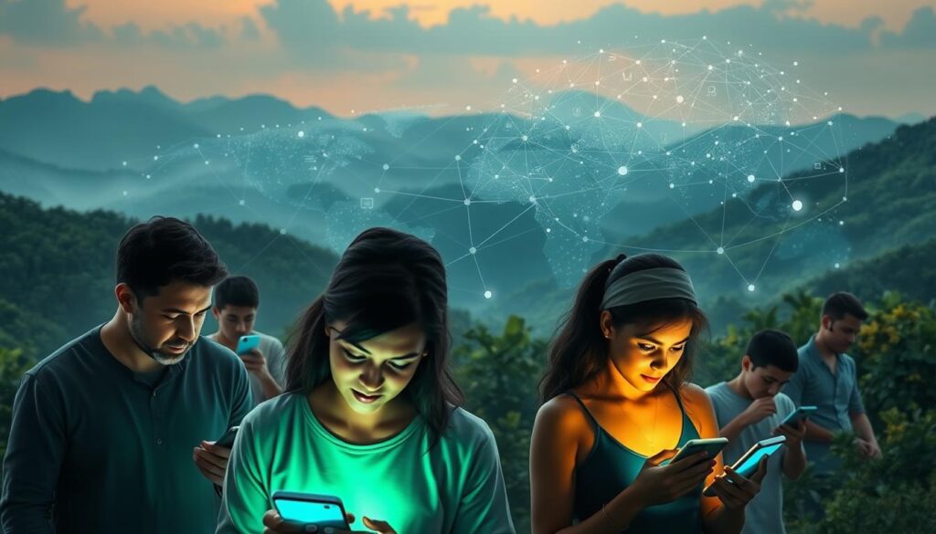 A hyper-realistic digital illustration depicting the global impact of social media, set against a backdrop of a serene, lush landscape. In the foreground, a group of diverse individuals are engrossed in their mobile devices, their faces illuminated by the glow of the screens. The middle ground showcases a sprawling network of interconnected digital platforms, represented by abstract shapes and lines. In the background, a swirling vortex of data and information symbolizes the far-reaching influence of social media on a global scale. The lighting is soft and diffused, creating a contemplative atmosphere, while the overall composition conveys a sense of both the immersive and pervasive nature of social media in our modern world.