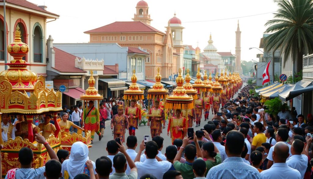 A lively and vibrant tabut festival in the heart of Bengkulu, Indonesia. In the foreground, intricately decorated floats and processions of colorfully garbed performers carrying ornate tabut structures, symbolizing the city's rich cultural heritage. In the middle ground, crowds of excited onlookers line the streets, capturing the celebratory atmosphere with their phones. The background is filled with the distinctive architecture of Bengkulu, including traditional buildings and landmarks, bathed in the warm glow of the afternoon sun. The scene conveys a sense of community, tradition, and the enduring spirit of the festival, which has long been a cornerstone of the local social fabric.