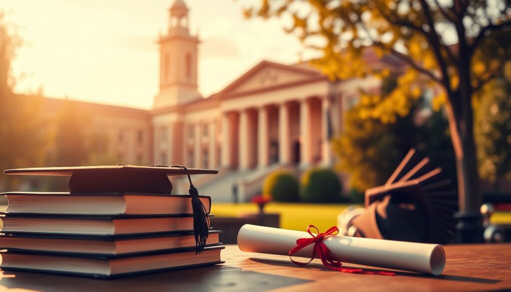 A serene academic setting, bathed in warm, golden light. In the foreground, a stack of books, a mortarboard cap, and a diploma symbolize the rewards of doctoral scholarship. The middle ground features a thoughtful scholar, contemplating the opportunities that a doctoral degree can unlock - career advancement, deeper intellectual exploration, and the chance to shape the future. In the background, a majestic university building stands tall, its grand architecture a testament to the prestige and tradition of higher education. The overall scene conveys a sense of accomplishment, growth, and the promise of a brighter tomorrow, all made possible through the pursuit of a doctoral scholarship.