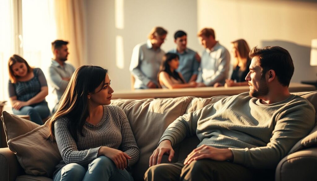 A serene domestic scene in the evening light, with a couple seated on a couch engaged in an intense discussion, their body language conveying emotional tension. In the background, a group of friends and family members gathered, their expressions and interactions suggesting differing views and opinions that may be influencing the couple's relationship. The lighting is warm and intimate, casting shadows that add depth and drama to the composition. The overall atmosphere evokes the complex and often delicate interplay between personal relationships and social environment.