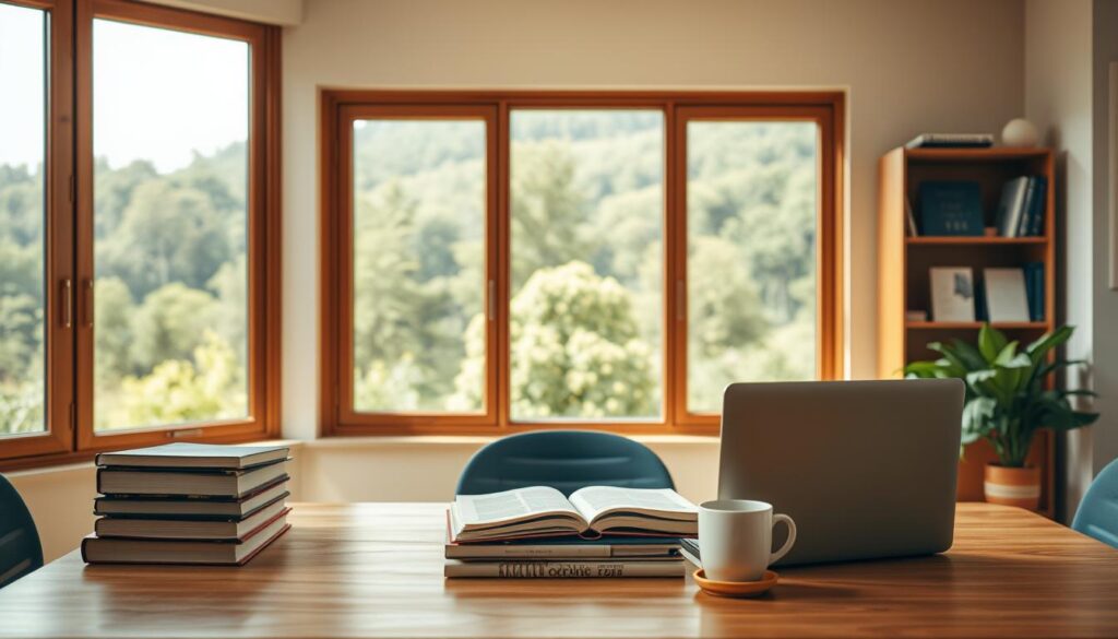 A serene study space, bathed in warm lighting and adorned with a well-organized desk. On the desk, a stack of books, a laptop, and a cup of coffee, symbolizing the pursuit of knowledge. In the background, a large window overlooking a lush, verdant landscape, providing a calming, inspirational view. The room conveys an atmosphere of focused contemplation, where one can immerse themselves in the exploration of scholarship opportunities. The overall scene evokes a sense of academic excellence and the empowering journey of accessing educational resources.