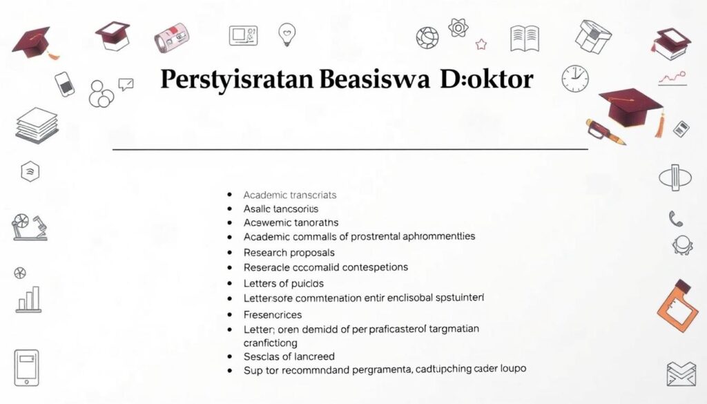 A sleek, professional-looking document displaying the key requirements for a doctoral scholarship in a clean, organized layout. The foreground features a central title "Persyaratan Beasiswa Doktor" in a bold, legible font, surrounded by various academic icons and symbols such as graduation caps, books, and research equipment. The middle ground showcases bullet-pointed lists outlining the specific criteria, including academic transcripts, research proposals, letters of recommendation, and other supporting materials. The background contains a subtle pattern or texture suggestive of academic parchment, conveying a sense of prestige and formality. The overall mood is one of seriousness, authority, and attention to detail, befitting the gravity of securing a doctoral scholarship.