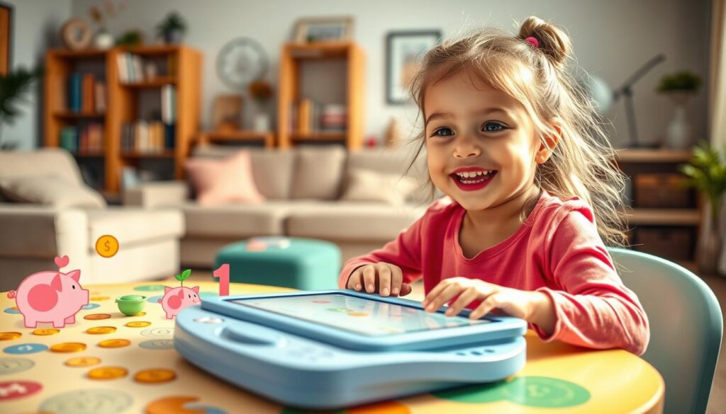 A vibrant and engaging scene of a child exploring financial literacy with joy and curiosity. In the foreground, a young girl sits at a colorful desk, surrounded by playful illustrations of coins, piggy banks, and financial symbols. Her face is alight with excitement as she interacts with a tablet or educational toy, learning about the fundamentals of money management in a fun and interactive way. The middle ground features a warm and inviting living room setting, with a cozy sofa, bookshelves, and family photographs, creating a sense of a nurturing home environment. The background softly blurs, hinting at a larger world of financial knowledge and opportunity. The overall lighting is soft and natural, casting a gentle glow that enhances the sense of discovery and wonder. The mood is one of curiosity, engagement, and the joy of learning about financial literacy from a young age.
