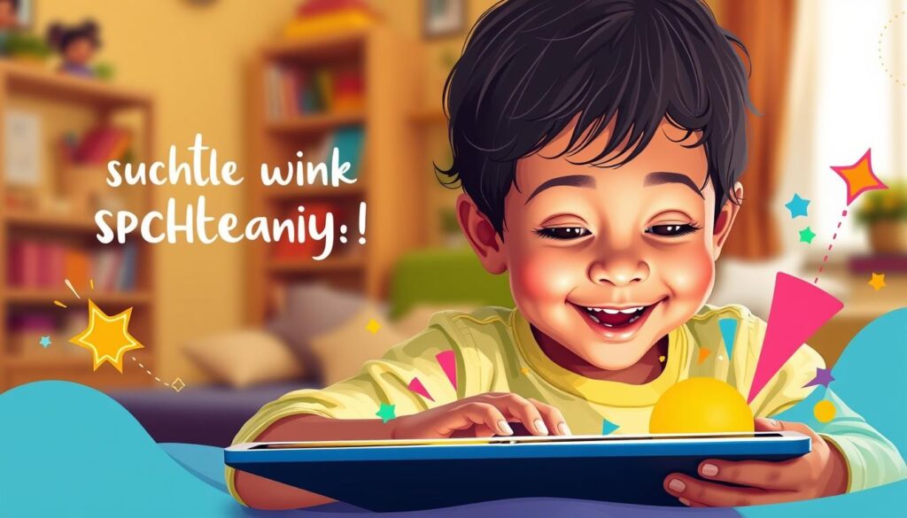A vibrant, inspirational digital illustration of a young child enthusiastically engaging with a tablet or laptop. The foreground depicts the child's face lit by the device's screen, their expression filled with wonder and excitement. The middle ground showcases the technology itself, sleek and modern, surrounded by colorful, playful design elements that spark creativity and learning. The background features a warm, supportive environment, such as a cozy home setting or an engaging classroom, hinting at the positive role of technology in the child's educational and personal growth. The overall mood is one of motivation, discovery, and the seamless integration of technology into a child's world.