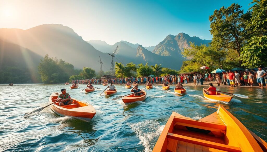 A vibrant scene of the traditional Pacu Jalur boat racing event, captured with a wide-angle lens. In the foreground, sleek, brightly-painted wooden boats skim across the rippling waters, their crews paddling furiously. Mid-frame, spectators line the riverbanks, their colorful garments and excited expressions creating a lively atmosphere. The background features lush, verdant foliage and towering, majestic mountains, bathed in warm, golden sunlight that casts a tranquil glow over the entire tableau. The overall composition conveys a sense of cultural heritage, community, and the harmonious integration of nature and human activity.