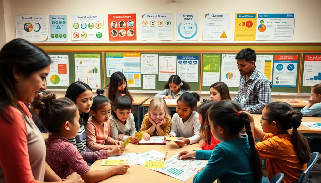 A well-lit classroom scene, with students of diverse ages and backgrounds engaged in interactive financial literacy activities. In the foreground, a group of children gathered around a teacher, using colorful learning materials to explore the basics of budgeting and money management. In the middle ground, older students are working in pairs, discussing investment strategies and calculating the impact of compounding interest. The background features informative posters and infographics covering personal finance topics, creating an atmosphere of educational focus. The lighting is warm and inviting, conveying a sense of enthusiasm and discovery as the students learn to navigate the complexities of financial decision-making.