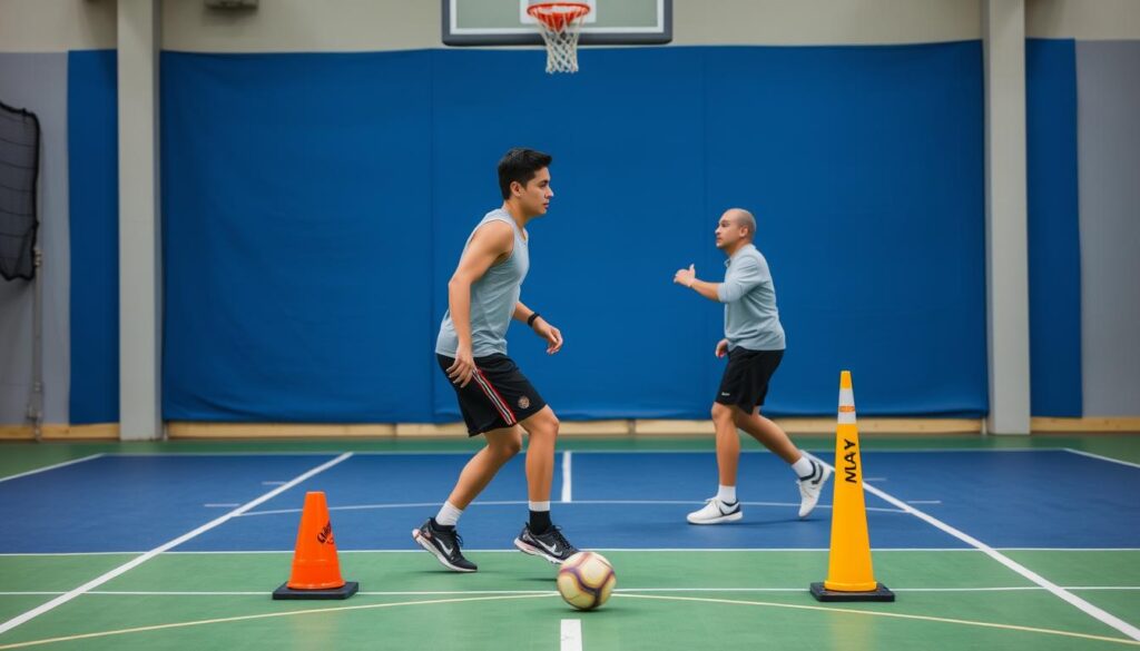 Atlet melakukan Shuffle Reaction Ball Drill untuk meningkatkan Agility Drill dan Reaction Time