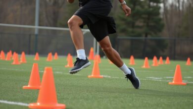 Atlet melakukan latihan agility drill dengan cone untuk meningkatkan refleks dan kecepatan