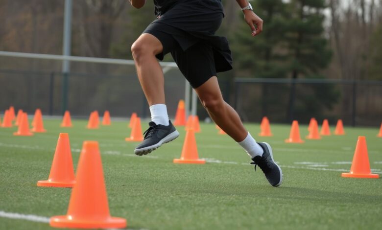 Atlet melakukan latihan agility drill dengan cone untuk meningkatkan refleks dan kecepatan