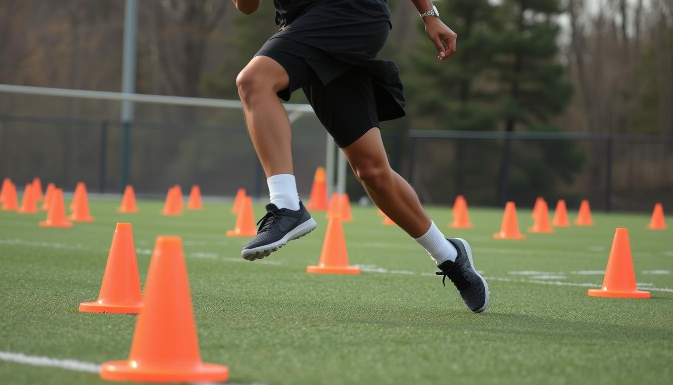 Atlet melakukan latihan agility drill dengan cone untuk meningkatkan refleks dan kecepatan