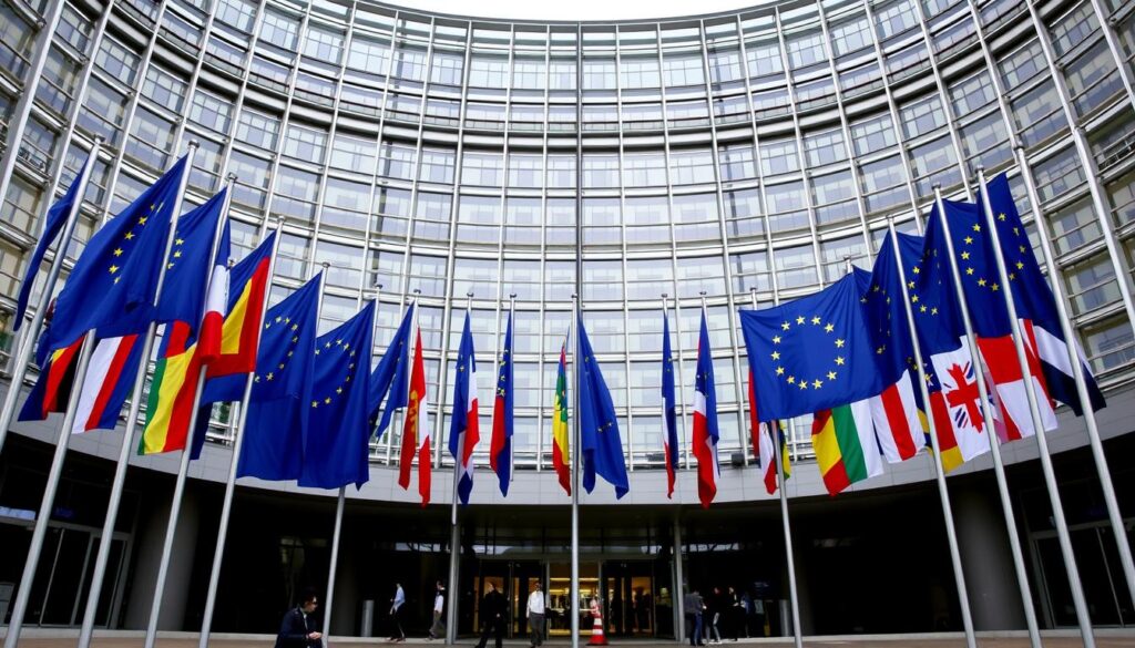Gedung Parlemen Eropa dengan bendera negara anggota membahas Stabilitas Siprus dan Diplomasi Eropa