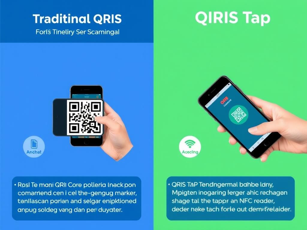 Ilustrasi perbedaan antara QRIS biasa dan QRIS Tap dengan simbol pemindaian vs simbol tap Ilustrasi perbedaan antara QRIS biasa dan QRIS Tap dengan simbol pemindaian vs simbol tap