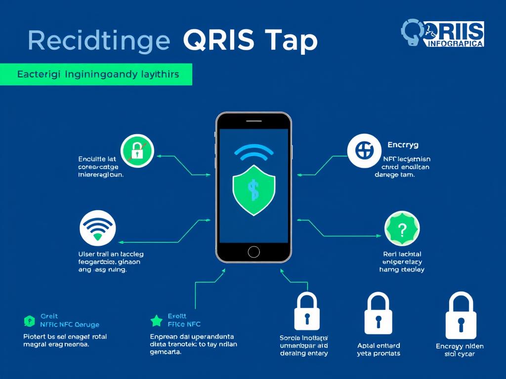 Ilustrasi sistem keamanan QRIS Tap dengan simbol enkripsi dan perlindungan data Ilustrasi sistem keamanan QRIS Tap dengan simbol enkripsi dan perlindungan data