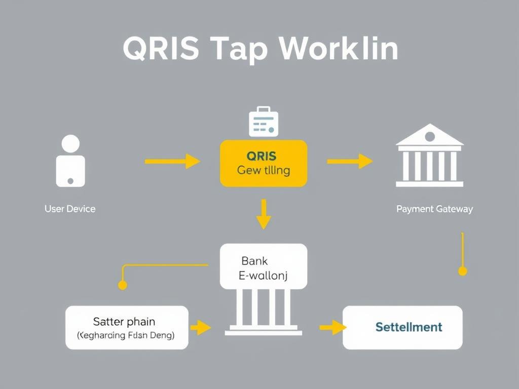 Infografis alur kerja QRIS Tap dari pengguna hingga proses settlement Infografis alur kerja QRIS Tap dari pengguna hingga proses settlement