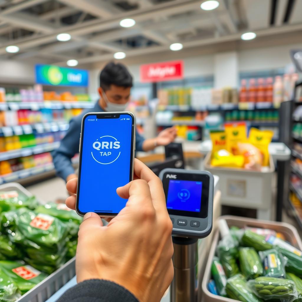 Penggunaan QRIS Tap di kasir supermarket Penggunaan QRIS Tap di kasir supermarket
