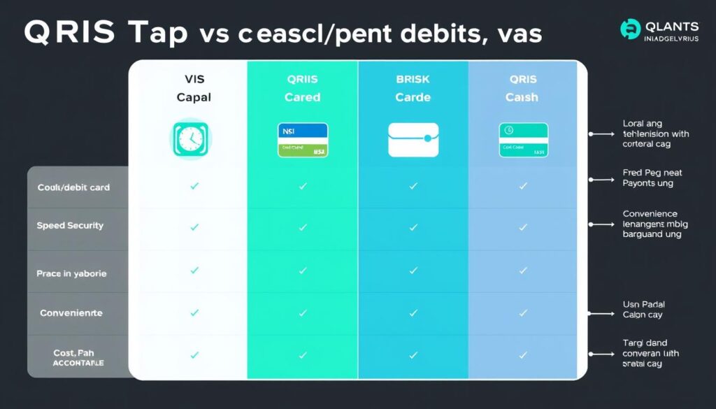 Perbandingan visual antara QRIS Tap, kartu kredit/debit, dan uang tunai Perbandingan visual antara QRIS Tap, kartu kredit/debit, dan uang tunai
