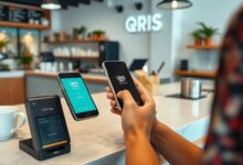 Seseorang menggunakan QRIS Tap untuk pembayaran di kafe dengan mendekatkan smartphone ke mesin pembaca