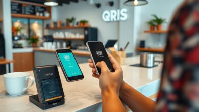 Seseorang menggunakan QRIS Tap untuk pembayaran di kafe dengan mendekatkan smartphone ke mesin pembaca