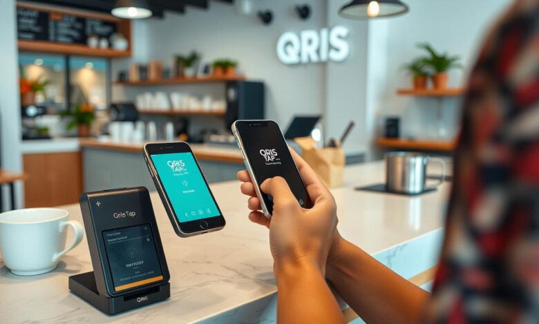 Seseorang menggunakan QRIS Tap untuk pembayaran di kafe dengan mendekatkan smartphone ke mesin pembaca