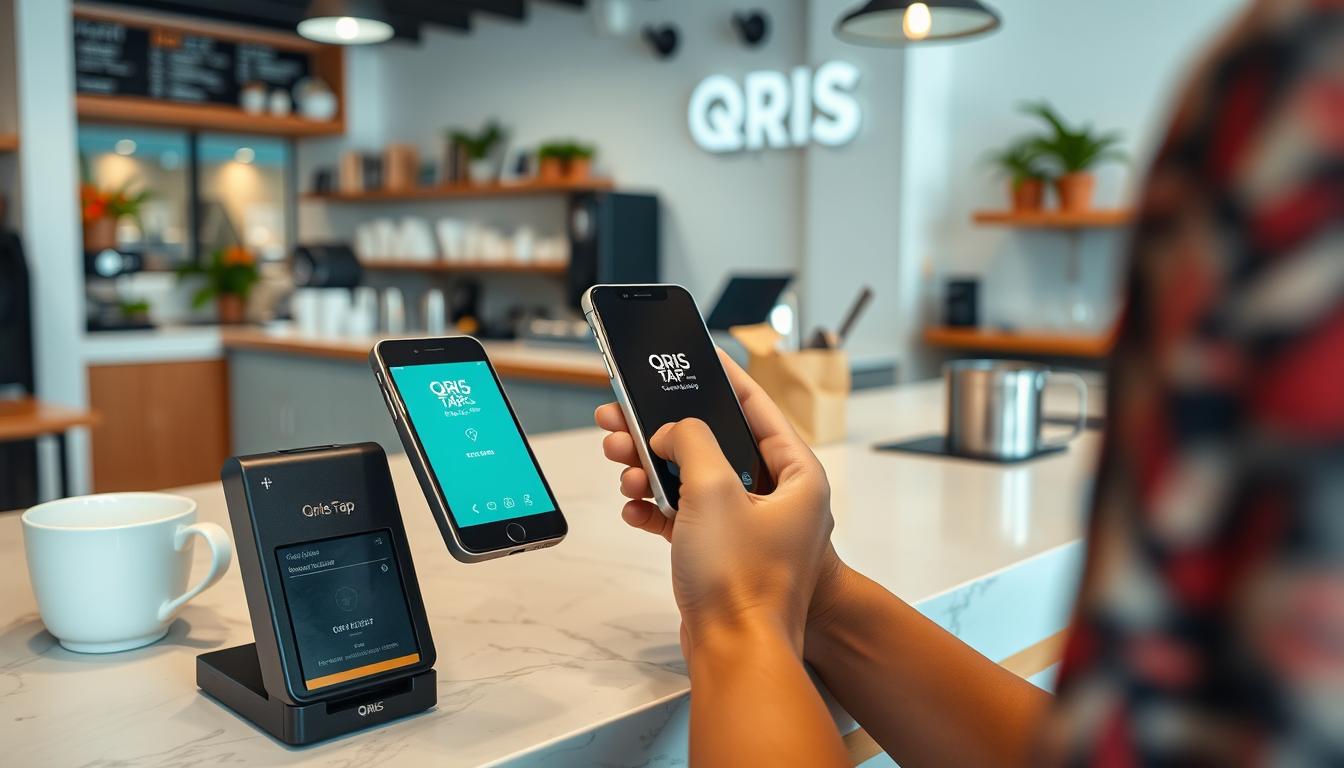 Seseorang menggunakan QRIS Tap untuk pembayaran di kafe dengan mendekatkan smartphone ke mesin pembaca