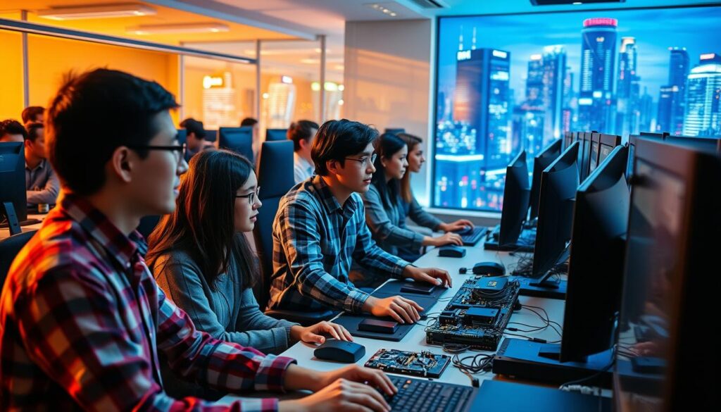 A bustling computer lab, with students engaged in hands-on learning. In the foreground, a young professional guides them through a lesson on career opportunities in the tech industry. Warm lighting illuminates the scene, creating a focused and productive atmosphere. In the middle ground, various computer components and equipment are neatly arranged, hinting at the technical skills being acquired. The background features a vibrant, futuristic cityscape, symbolizing the vast potential of a career in the ever-evolving field of computer systems. The overall composition conveys the excitement and promise of a thriving IT career path.