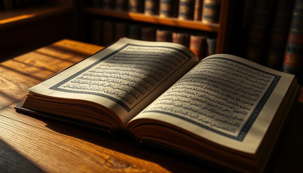 A close-up view of an ancient Islamic manuscript, its pages filled with intricate calligraphic scripts and symbolic imagery. The manuscript is positioned on a wooden desk, bathed in warm, directional lighting that casts dramatic shadows, creating a contemplative, scholarly atmosphere. In the background, a bookshelf with leather-bound volumes suggests a tranquil, academic setting dedicated to the study of Islamic etymology and history. A close-up view of an ancient Islamic manuscript, its pages filled with intricate calligraphic scripts and symbolic imagery. The manuscript is positioned on a wooden desk, bathed in warm, directional lighting that casts dramatic shadows, creating a contemplative, scholarly atmosphere. In the background, a bookshelf with leather-bound volumes suggests a tranquil, academic setting dedicated to the study of Islamic etymology and history.