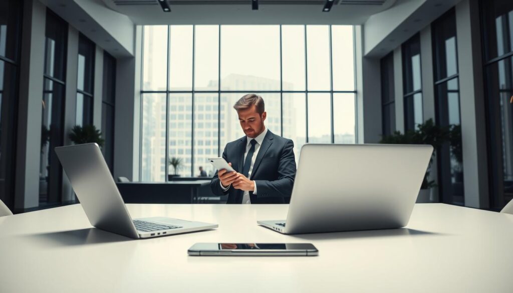 A sleek, modern office space with a minimalist aesthetic. In the foreground, a laptop and smartphone sit on a clean, uncluttered desk. The middle ground features a businessman in a sharp suit, deep in thought as he reviews survey data on his screen. The background showcases floor-to-ceiling windows, allowing natural light to flood the room and create a sense of openness and productivity. The lighting is soft and even, with subtle shadows that accentuate the architectural details. The overall mood is one of efficiency, optimization, and a focus on maximizing the potential of online survey opportunities.