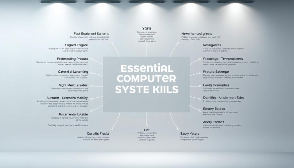 A striking infographic showcasing a comprehensive list of essential computer system skills. Centered in the frame, a clean and modern layout displays the skills in an organized grid. The background is a minimalist gradient, allowing the information to take center stage. Subtle lighting from the top creates depth and highlights the text. The overall aesthetic is professional, polished, and designed to convey the subject's importance to potential employers. The layout is balanced, the typography is clear and legible, and the color palette is thoughtfully chosen to be visually appealing yet informative.