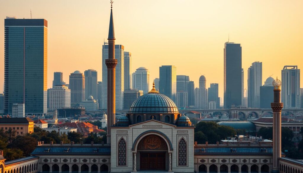 A tranquil mosque in a modern city skyline, bathed in warm evening light. In the foreground, a serene mihrab stands as a symbolic focal point, its intricate tile work and calligraphic patterns reflecting the rich heritage of Islamic architecture. The middle ground features a towering minaret, its slender silhouette piercing the sky, while surrounding buildings blend traditional and contemporary styles. In the background, a panorama of gleaming skyscrapers and infrastructure, representing the dynamic evolution of Islam in the modern era. The scene conveys a harmonious coexistence of the sacred and the secular, the timeless and the contemporary, evoking the story of Islam's enduring influence and adaptation in the modern world. A tranquil mosque in a modern city skyline, bathed in warm evening light. In the foreground, a serene mihrab stands as a symbolic focal point, its intricate tile work and calligraphic patterns reflecting the rich heritage of Islamic architecture. The middle ground features a towering minaret, its slender silhouette piercing the sky, while surrounding buildings blend traditional and contemporary styles. In the background, a panorama of gleaming skyscrapers and infrastructure, representing the dynamic evolution of Islam in the modern era. The scene conveys a harmonious coexistence of the sacred and the secular, the timeless and the contemporary, evoking the story of Islam's enduring influence and adaptation in the modern world.