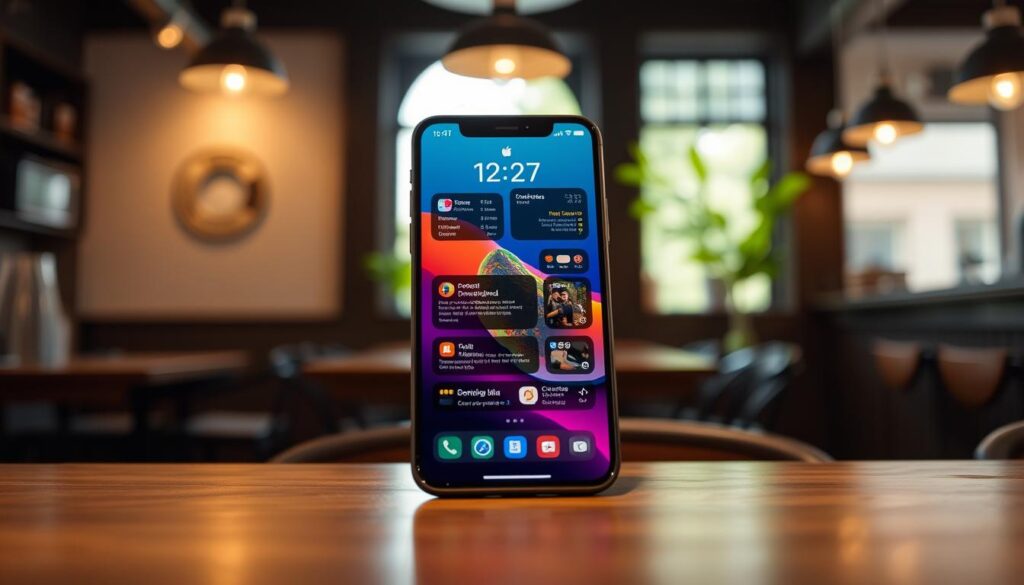 A contemporary and sleek iOS 27 user interface displayed on a modern smartphone screen in the foreground, showcasing dynamic widgets and notifications arranged elegantly around the Dynamic Island feature. The middle ground features a soft-focus coffee shop setting, with a warm, inviting atmosphere created by subtle, diffused lighting. In the background, vibrant greenery peeks through a window, adding a refreshing touch. The overall mood is innovative and engaging, with a focus on usability and design refinement. Angled slightly from above to capture the richness of the UI elements, the image embodies a sophisticated blend of technology and lifestyle.