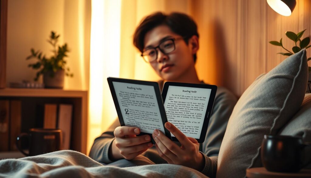 A cozy study nook illuminated by warm, soft lighting, featuring a sleek, modern e-reader device with a prominent "Reading Mode" interface. The screen displays crisp, high-contrast text on a soothing monochrome background, optimized for extended reading sessions. The device is gently cradled in the hands of a thoughtful, relaxed reader, their expression one of deep focus and engagement. Surrounding the scene, subtle details evoke a sense of personalization and comfort - a plush throw pillow, a mug of hot tea, and a small plant adding a touch of greenery. The overall atmosphere is one of tranquility and ease, perfectly suited for the "Fitur Lanjutan: Baca Lisan, Penyorotan, dan Personalisasi" section. A cozy study nook illuminated by warm, soft lighting, featuring a sleek, modern e-reader device with a prominent "Reading Mode" interface. The screen displays crisp, high-contrast text on a soothing monochrome background, optimized for extended reading sessions. The device is gently cradled in the hands of a thoughtful, relaxed reader, their expression one of deep focus and engagement. Surrounding the scene, subtle details evoke a sense of personalization and comfort - a plush throw pillow, a mug of hot tea, and a small plant adding a touch of greenery. The overall atmosphere is one of tranquility and ease, perfectly suited for the "Fitur Lanjutan: Baca Lisan, Penyorotan, dan Personalisasi" section.