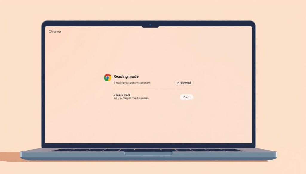 A minimalist illustration of a laptop screen displaying the Chrome web browser's reading mode settings. The screen is bathed in soft, warm lighting, creating a calming and focused atmosphere. The foreground shows the reading mode toggle button and options, with clear icons and labels. The middle ground features the laptop body, rendered in muted tones to draw attention to the screen. The background is simple and uncluttered, allowing the main elements to stand out. The overall composition conveys a sense of simplicity, intuitiveness, and user-friendliness, reflecting the ease of activating reading mode in Chrome. A minimalist illustration of a laptop screen displaying the Chrome web browser's reading mode settings. The screen is bathed in soft, warm lighting, creating a calming and focused atmosphere. The foreground shows the reading mode toggle button and options, with clear icons and labels. The middle ground features the laptop body, rendered in muted tones to draw attention to the screen. The background is simple and uncluttered, allowing the main elements to stand out. The overall composition conveys a sense of simplicity, intuitiveness, and user-friendliness, reflecting the ease of activating reading mode in Chrome.