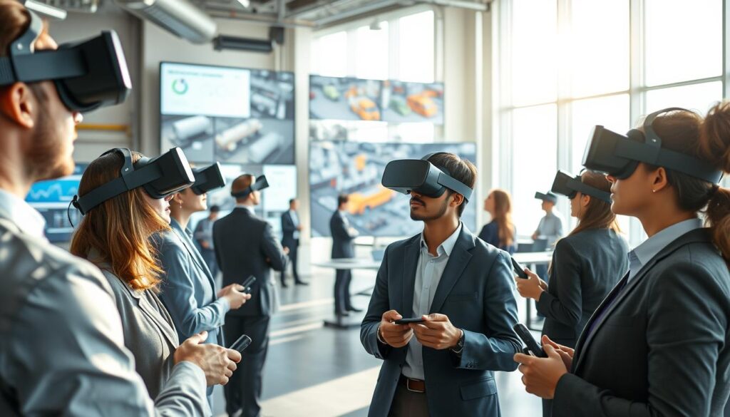 A modern industrial training facility showcasing the implementation of Virtual Reality (VR) and Augmented Reality (AR) technologies. In the foreground, a diverse group of professionals in business attire is engaged in a VR training session, wearing headsets and using handheld controllers, focused on immersive learning experiences. In the middle ground, a large AR display projects interactive industrial simulations, illustrating machinery operations and safety protocols. The background features a high-tech training room with screens displaying data analytics and project simulations, bathed in bright, natural light streaming through large windows. The atmosphere conveys innovation, collaboration, and a forward-thinking approach to skill development in various industries.