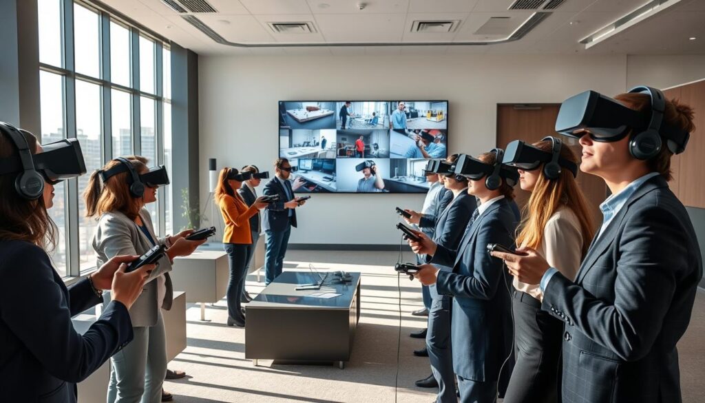 A modern training room designed for immersive VR and AR simulations. In the foreground, a diverse group of professionals in business attire engage with headsets and handheld controllers, immersed in a virtual environment that displays futuristic tools and avatars. In the middle ground, a large screen showcases VR simulations of various industrial scenarios, demonstrating the training applications in sectors like healthcare, manufacturing, and education. The background features sleek furniture and large windows with natural light streaming in, creating a bright and inviting atmosphere. Soft shadows enhance the mood, conveying a sense of innovation and forward-thinking in training methodologies. The image is taken from a dynamic angle, capturing the engagement and focus of the participants.