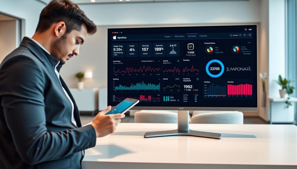 A sleek, modern workspace featuring the Apple Intelligence health platform interface displayed on a high-resolution monitor, showcasing various health metrics and notifications. In the foreground, a professional individual in smart casual attire engages with the platform, analyzing data on a tablet. The middle ground highlights the monitor with vivid graphs, heart rate information, and a smart watch synchronizing with the system. The background consists of an inviting office space with minimalist decor and soft, diffused lighting, evoking a sense of calm and productivity. The angle is slightly elevated, capturing both the workspace layout and the interactive display. The overall mood is innovative and focused, emphasizing cutting-edge technology for health management.