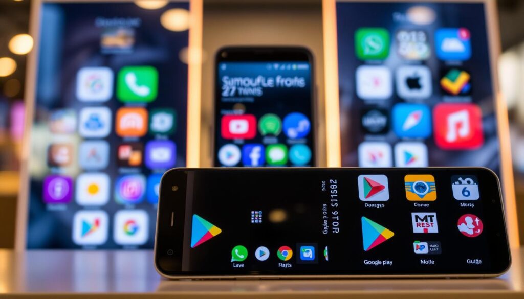 A vibrant digital display showcasing a collection of popular mobile applications from the Google Play Store. The foreground features a sleek, minimalist design with various app icons neatly arranged, each representing a useful tool or service. The middle ground presents a blurred backdrop of a smartphone screen, emphasizing the apps' functionality and integration with mobile devices. The overall atmosphere is one of efficiency, accessibility, and the seamless integration of technology into everyday life. The lighting is soft and diffused, creating a warm, inviting ambiance that draws the viewer's attention to the carefully curated selection of applications.