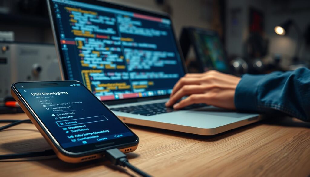 A close-up image of a modern smartphone connected to a laptop via USB cable, showcasing a clear, illuminated interface of a USB debugging screen on the laptop. The foreground features the smartphone with a glowing screen displaying developer options, while the laptop's screen reflects detailed code and commands related to ADB. In the middle ground, a pair of professional hands are seen operating the laptop, fingers poised above the keyboard. The background is a softly blurred workspace with subtle tech elements, like circuit boards and tools, providing a high-tech ambiance. The lighting is cool and focused, illuminating the devices, creating a serious yet engaging atmosphere, ideal for a technical setup.