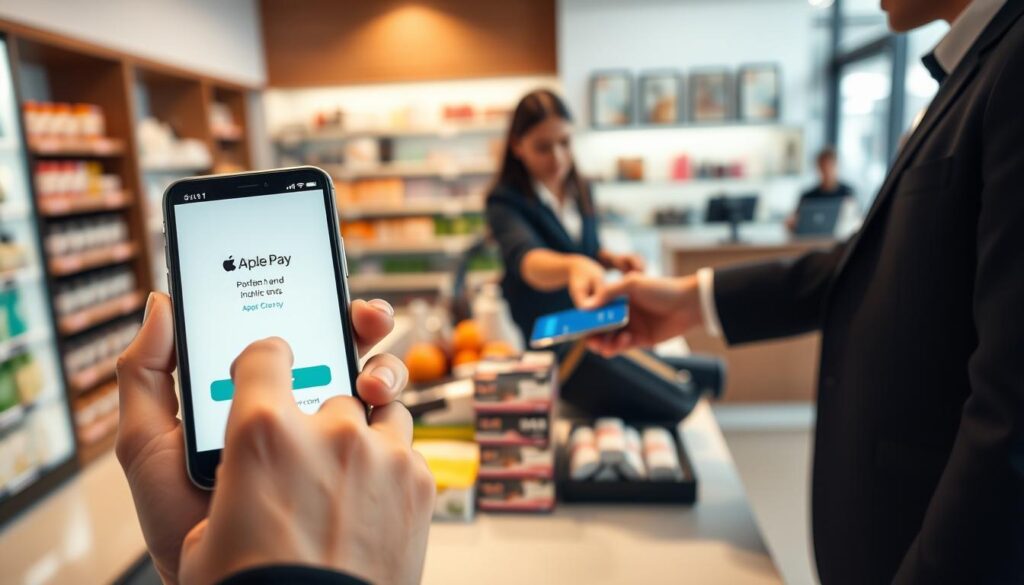 A close-up scene depicting a modern retail environment showcasing the use of Apple Pay. In the foreground, a smartphone displays the Apple Pay interface with a hand swiping to confirm payment. The middle ground includes a neatly arranged checkout counter with various products, and a cashier in professional attire assisting a customer. Soft lighting creates a warm and inviting atmosphere, highlighting the transaction with a glow from the smartphone screen. The background features blurred shelves stocked with products, maintaining a focus on the payment process. The angle captures a slight overhead view, emphasizing technology's role in seamless transactions. The mood is professional yet approachable, conveying the ease of using Face ID for payments. A close-up scene depicting a modern retail environment showcasing the use of Apple Pay. In the foreground, a smartphone displays the Apple Pay interface with a hand swiping to confirm payment. The middle ground includes a neatly arranged checkout counter with various products, and a cashier in professional attire assisting a customer. Soft lighting creates a warm and inviting atmosphere, highlighting the transaction with a glow from the smartphone screen. The background features blurred shelves stocked with products, maintaining a focus on the payment process. The angle captures a slight overhead view, emphasizing technology's role in seamless transactions. The mood is professional yet approachable, conveying the ease of using Face ID for payments.