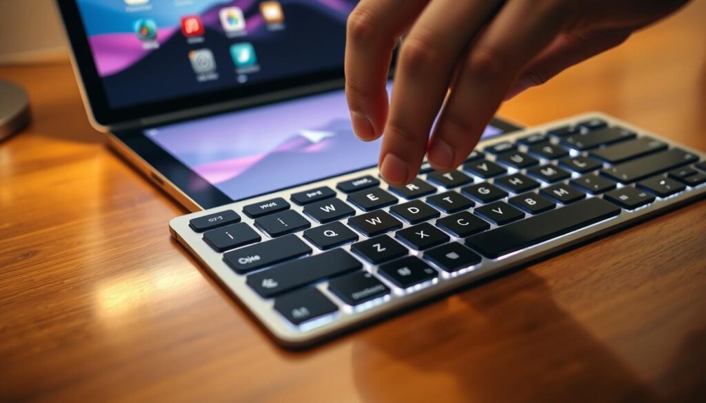 A close-up view of a modern keyboard with a sleek design and backlit keys, showcasing the Spacebar specifically. The keyboard is positioned on a polished wooden desk, with a soft-focus iPad in the background displaying the iOS home screen. The lighting is warm and inviting, casting gentle reflections on the surface, highlighting the precision and elegance of the keyboard. A user's hands are positioned just above the Spacebar, suggesting the gesture of using it as a trackpad, while the cursor appears on the iPad screen, emphasizing control and precision. The overall atmosphere is tech-savvy and professional, underscoring the innovative features of the latest iOS. The image has a shallow depth of field, drawing attention to the keyboard and the user's hands, creating a sense of intimacy and focus. A close-up view of a modern keyboard with a sleek design and backlit keys, showcasing the Spacebar specifically. The keyboard is positioned on a polished wooden desk, with a soft-focus iPad in the background displaying the iOS home screen. The lighting is warm and inviting, casting gentle reflections on the surface, highlighting the precision and elegance of the keyboard. A user's hands are positioned just above the Spacebar, suggesting the gesture of using it as a trackpad, while the cursor appears on the iPad screen, emphasizing control and precision. The overall atmosphere is tech-savvy and professional, underscoring the innovative features of the latest iOS. The image has a shallow depth of field, drawing attention to the keyboard and the user's hands, creating a sense of intimacy and focus.