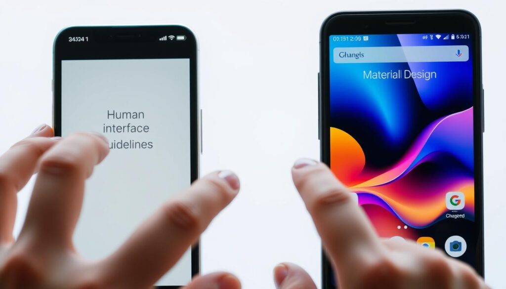 A close-up view of a modern smartphone interface showcasing a beautifully designed app layout. On the left, an iOS screen illustrating Human Interface Guidelines with clean lines, rounded corners, and a calming color palette of light blue and white. On the right, an Android screen featuring Material Design, with vibrant colors, fluid animations, and dynamic shadows for a three-dimensional effect. The foreground includes subtle hand gestures interacting with the screens, while the background is a soft gradient that enhances focus on the devices. Soft, natural lighting creates an inviting atmosphere, emphasizing the difference in design philosophy. The image captures a sense of innovation and clarity, perfect for illustrating the contrast between iOS and Android interfaces.