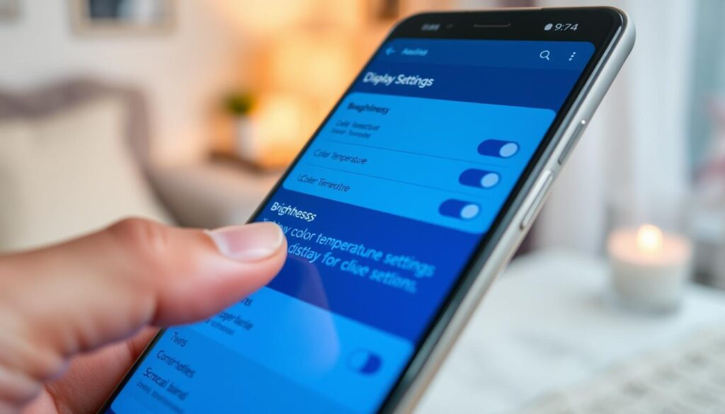 A close-up view of a smartphone screen displaying detailed settings for display and screen configuration with various options like brightness, color temperature, and screen timeout settings. The foreground shows a finger tapping the settings, emphasizing interaction. The middle layer highlights the vibrant screen with a sleek design, showcasing a user-friendly interface. The background subtly fades with a cozy home environment featuring soft, warm lighting, creating a relaxed and tech-savvy atmosphere. The scene is shot from an angled perspective to enhance depth, using a soft focus on the settings while lightly blurring the background. This image should evoke a sense of optimization and modern technology, illustrating how display settings can significantly impact battery life in an elegant yet functional design. A close-up view of a smartphone screen displaying detailed settings for display and screen configuration with various options like brightness, color temperature, and screen timeout settings. The foreground shows a finger tapping the settings, emphasizing interaction. The middle layer highlights the vibrant screen with a sleek design, showcasing a user-friendly interface. The background subtly fades with a cozy home environment featuring soft, warm lighting, creating a relaxed and tech-savvy atmosphere. The scene is shot from an angled perspective to enhance depth, using a soft focus on the settings while lightly blurring the background. This image should evoke a sense of optimization and modern technology, illustrating how display settings can significantly impact battery life in an elegant yet functional design.