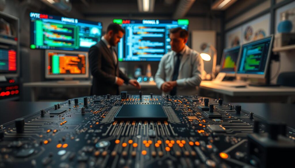 A close-up view of advanced hardware security components, featuring a secure chip like the A17 Pro at the foreground, displaying intricate circuit patterns and encrypted data nodes. In the middle, visualize a high-tech lab setting with engineers in professional business attire examining the chip, with visualization screens showing GitHub code flows and vulnerability highlights. The background includes softly illuminated workstations, highlighting tools and monitors filled with data analytics. Use a dramatic, focused lighting to emphasize the chip's details, with a slight depth of field to blur the background, creating a sense of urgency and importance in the atmosphere, capturing the essence of cybersecurity discussions in the tech industry.