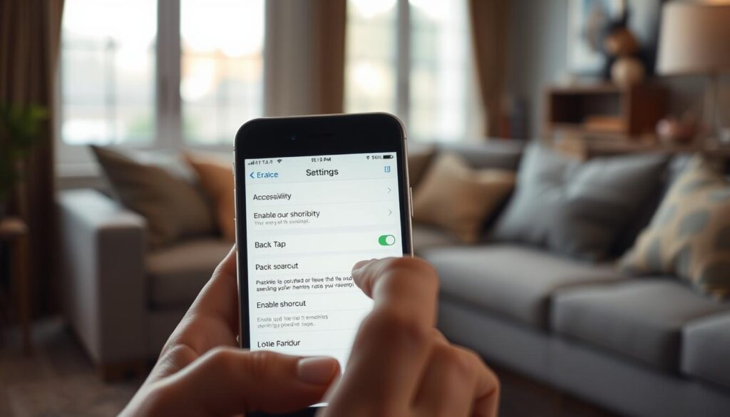 A close-up view of an iPhone being used to activate the Back Tap feature in the Accessibility menu. The foreground features a well-lit hand interacting with the phone's screen, showcasing the settings app open with the Back Tap option highlighted. The middle layer includes a blurred background of a cozy living room with soft natural light coming from a window, creating an inviting atmosphere. The iPhone screen is slightly angled to emphasize the options available. The hand is depicted in a professional, modest casual attire, adding an air of expertise to the scene. Soft shadows increase depth, focusing attention on the phone and the action of enabling a shortcut. The overall mood is informative and engaging, ideal for illustrating tech-savvy content. A close-up view of an iPhone being used to activate the Back Tap feature in the Accessibility menu. The foreground features a well-lit hand interacting with the phone's screen, showcasing the settings app open with the Back Tap option highlighted. The middle layer includes a blurred background of a cozy living room with soft natural light coming from a window, creating an inviting atmosphere. The iPhone screen is slightly angled to emphasize the options available. The hand is depicted in a professional, modest casual attire, adding an air of expertise to the scene. Soft shadows increase depth, focusing attention on the phone and the action of enabling a shortcut. The overall mood is informative and engaging, ideal for illustrating tech-savvy content.