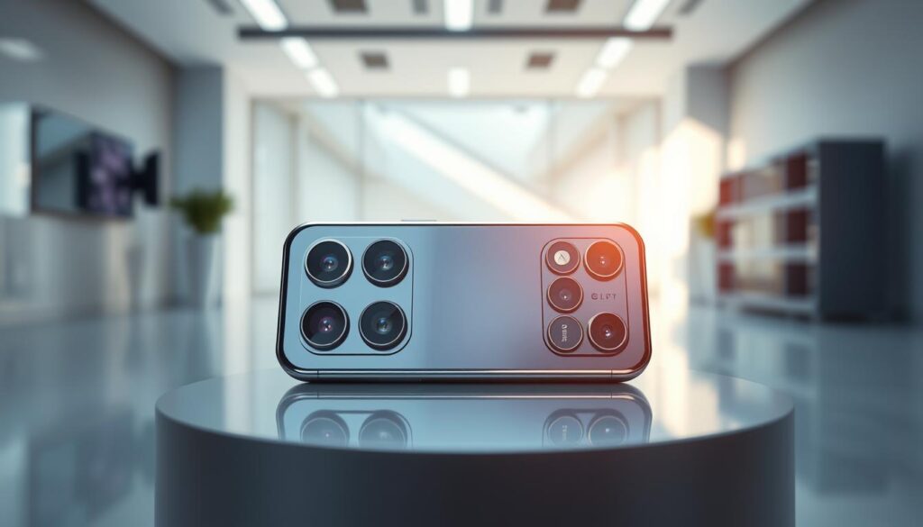 A cutting-edge smartphone camera showcasing advanced photography technology. In the foreground, a sleek, futuristic smartphone with a prominent lens design, gleaming in the light. The camera features multiple lenses, hinting at high megapixel capabilities, displayed against a soft-focus backdrop of a modern, minimalist setting like a tech studio. The middle frame incorporates subtle elements like reflective surfaces, emphasizing innovation. Rich, natural lighting creates a professional atmosphere, casting soft shadows that accentuate the smartphone's modern design. The mood is forward-looking and inspiring, capturing the essence of a leading brand in smartphone camera innovation, without any text or identifying marks.