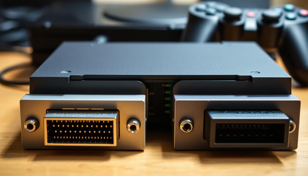 A detailed, close-up view of a PlayStation 2 Network Adapter showcasing both ATA and SATA connectors. The foreground features the adapters split into two halves, allowing a clear comparison between the two types. The middle layer includes a textured surface with background components like screws and circuit boards subtly visible. The background showcases a blurred gaming setup with a PlayStation 2 console and controller, enhancing the gaming theme. The lighting is soft and even, highlighting the metallic surfaces and plastic textures while adding a warm, nostalgic atmosphere. The angle is slightly elevated, focusing on the intricate details of the adapters, creating a professional and informative image for a tech-focused audience.