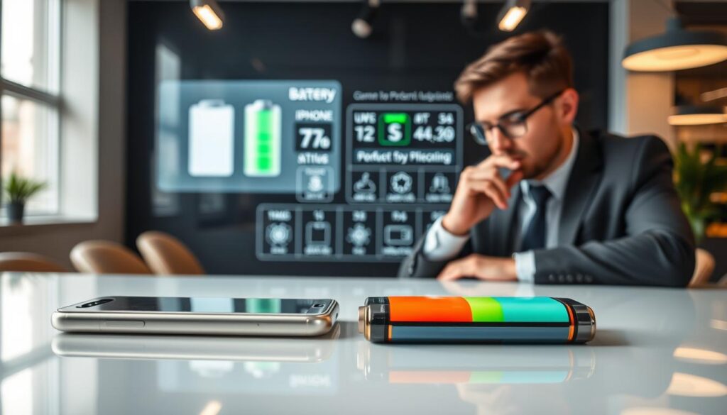 A detailed comparison of an iPhone battery and an Android battery, depicted side by side on a sleek, modern table. The iPhone battery should be sleek and silver, while the Android battery is represented in a vibrant color, reflecting their respective brands. In the foreground, a smartphone user is interacting with both devices, wearing professional business attire, showcasing a thoughtful expression. The middle ground features a digital display illustrating battery performance metrics and icons. In the background, a well-lit office environment hints at productivity and technology, with soft overhead lighting creating an inviting atmosphere. Capture the essence of modern technology and efficiency in a balanced composition, focusing on clarity and detail of the batteries, emphasizing their differences and functionalities.